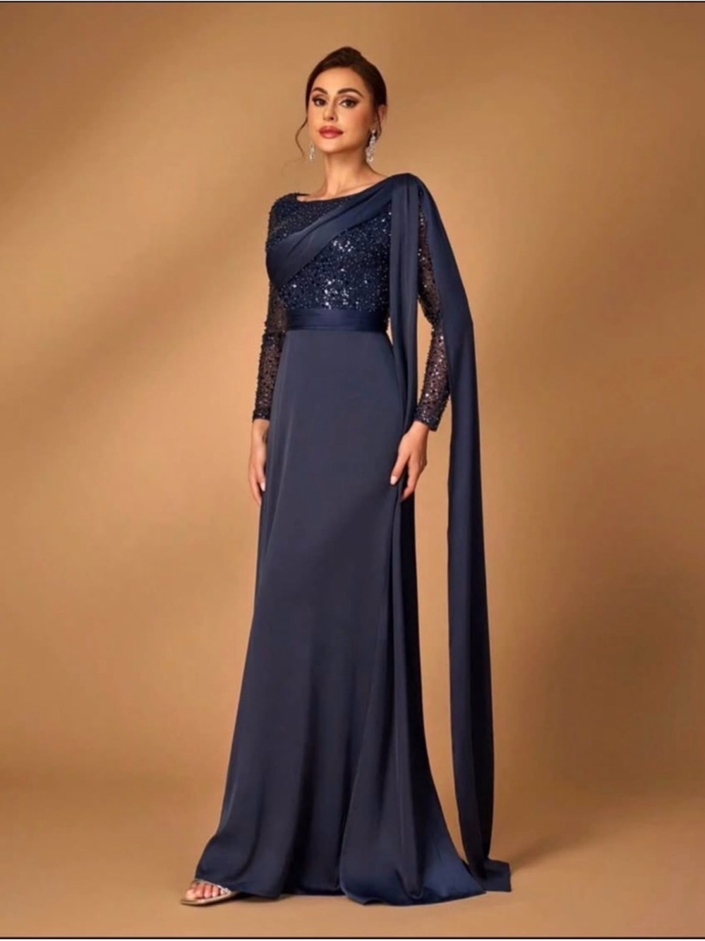 Elegant Navy Sequin Evening Dress with Draped Shoulder - Picture 3 of 6